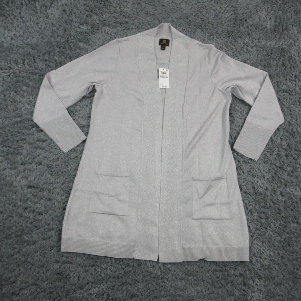 JM Collection Cardigan Womens M Gray V-Neck Open Pockets Metallic Glitter NWT